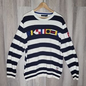 Nautica Mens XL Signal Flag Intarsia Pullover Stripe Navy White Knit Lightweight